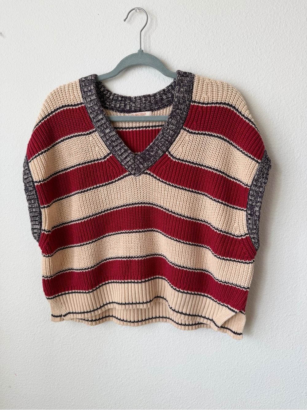 OLIVACEOUS Chunky Knit Striped Crop Vest, Preppy V-Neck, Red/Beige, L - Picture 2 of 8
